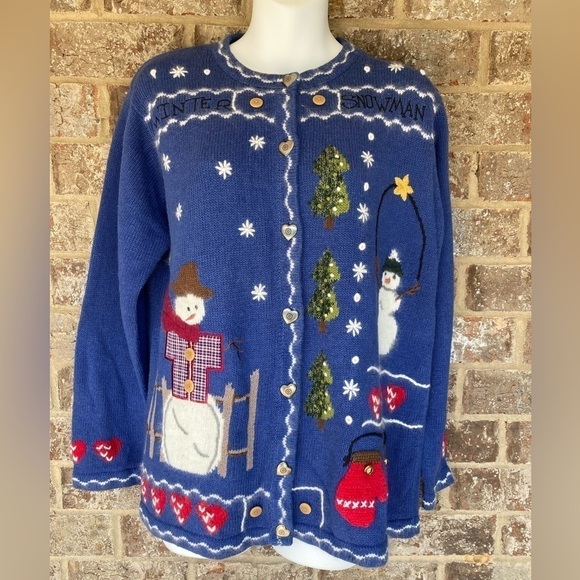 Quacker Factory Holiday Sweater Snowman Sparkles M Vintage - Picture 1 of 8